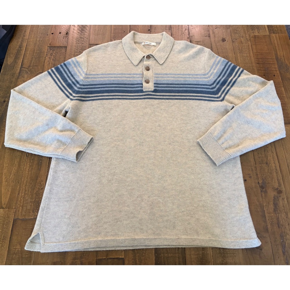 Marine Layer Men Merino Wool Blend Stripe Long Sleeve Polo Sweater Beige L 16169